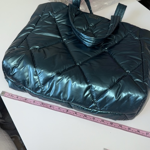 Victoria's Secret Women Tote Metallic Puffer Teal Quilted Shoulder Bag Gloss - Picture 6 of 7
